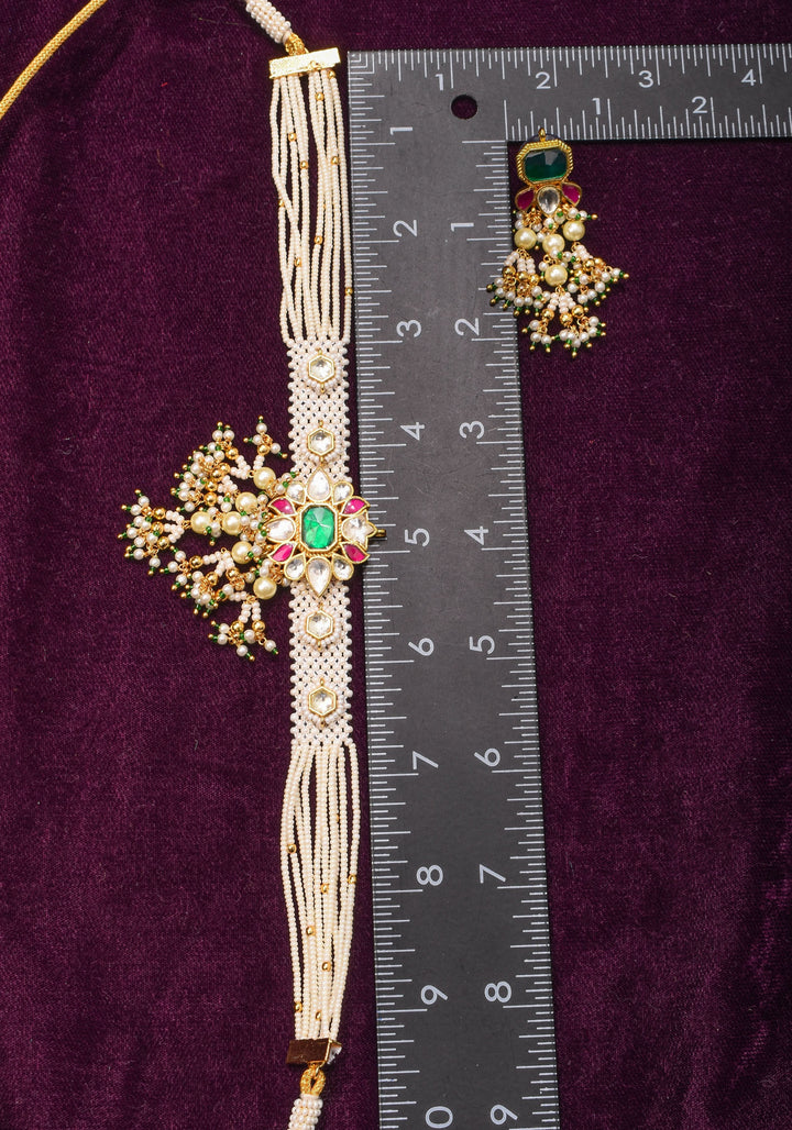 Ornate Jadau Floral Pendant on Multistrand Necklace Set with Dangling pearls | Shobitam Jewelry