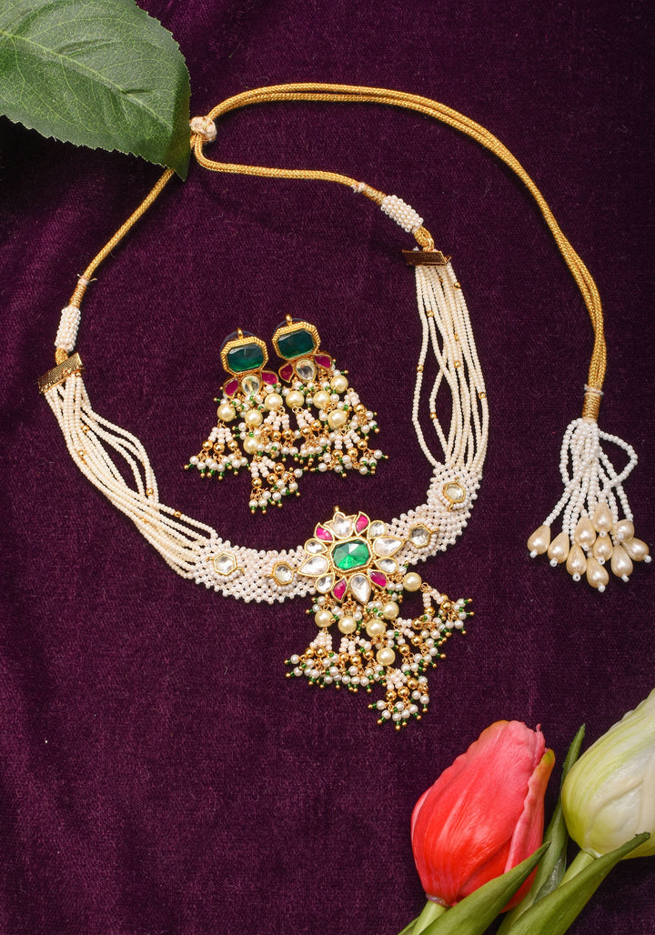 Ornate Jadau Floral Pendant on Multistrand Necklace Set with Dangling pearls | Shobitam Jewelry