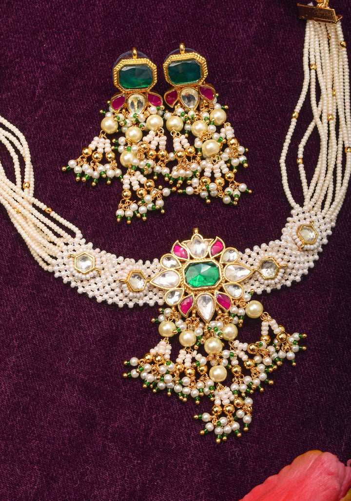 Ornate Jadau Floral Pendant on Multistrand Necklace Set with Dangling pearls | Shobitam Jewelry