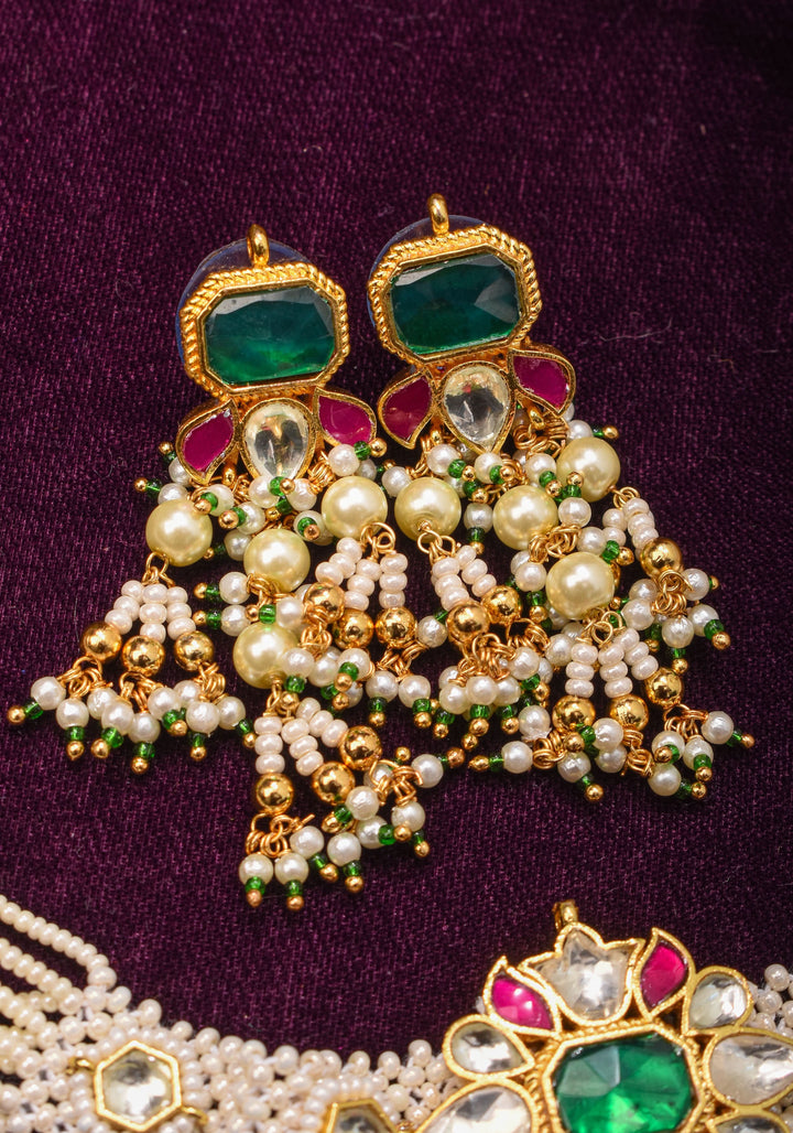 Ornate Jadau Floral Pendant on Multistrand Necklace Set with Dangling pearls | Shobitam Jewelry