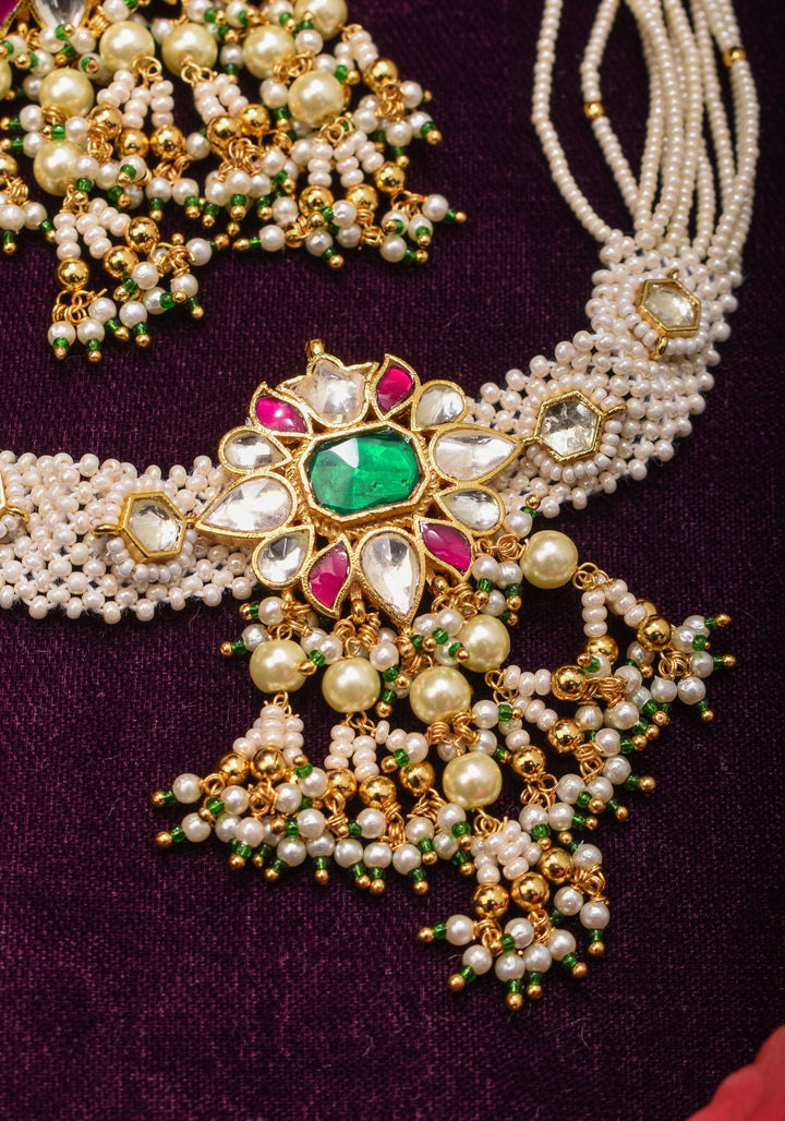 Ornate Jadau Floral Pendant on Multistrand Necklace Set with Dangling pearls | Shobitam Jewelry