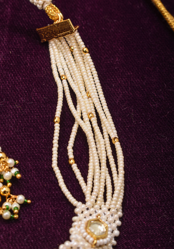 Ornate Jadau Floral Pendant on Multistrand Necklace Set with Dangling pearls | Shobitam Jewelry