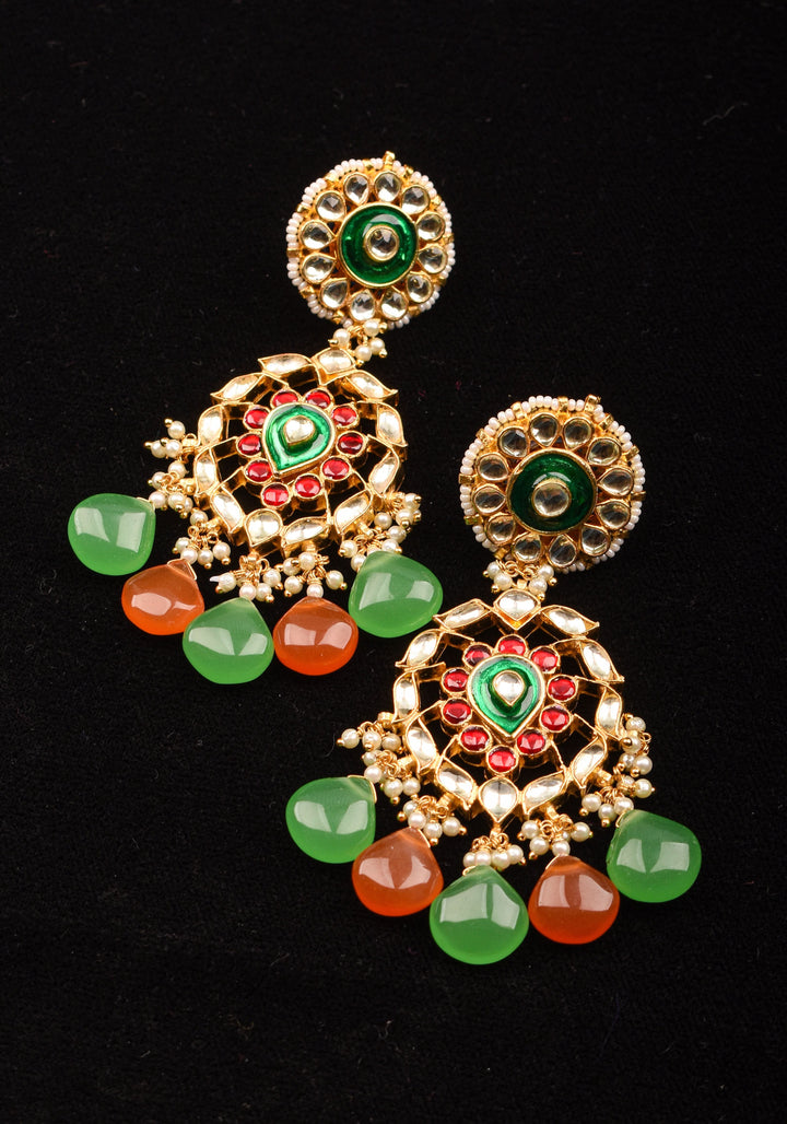 Kemp Stone Long earrings with dangling pearls and Beads in green, orange | Shobitam Jewelry