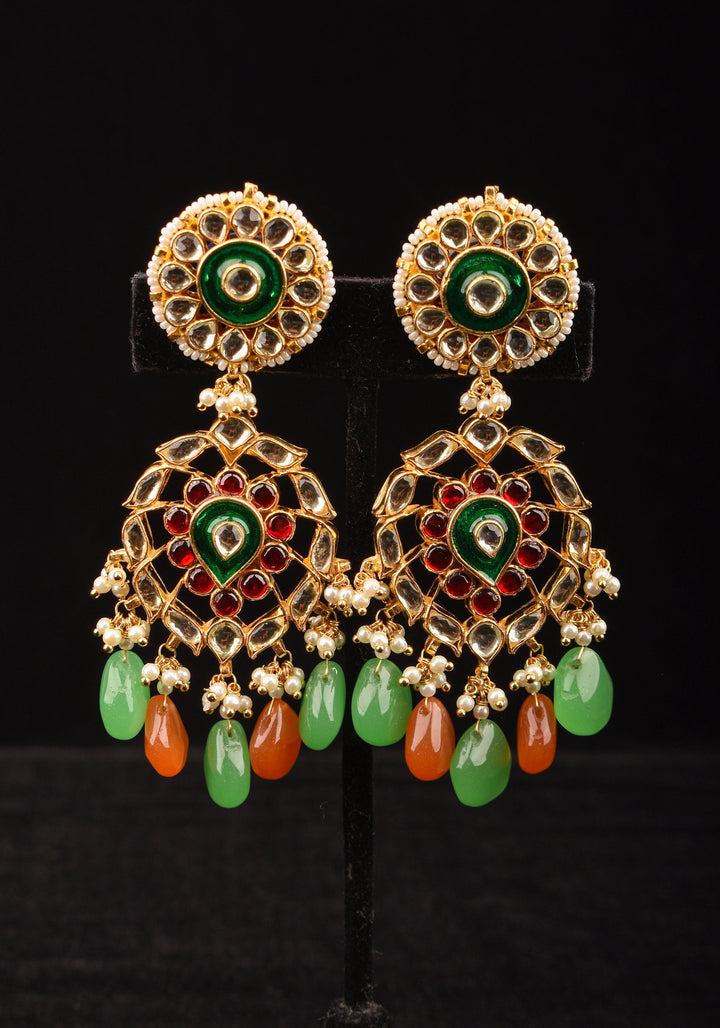 Kemp Stone Long earrings with dangling pearls and Beads in green, orange | Shobitam Jewelry
