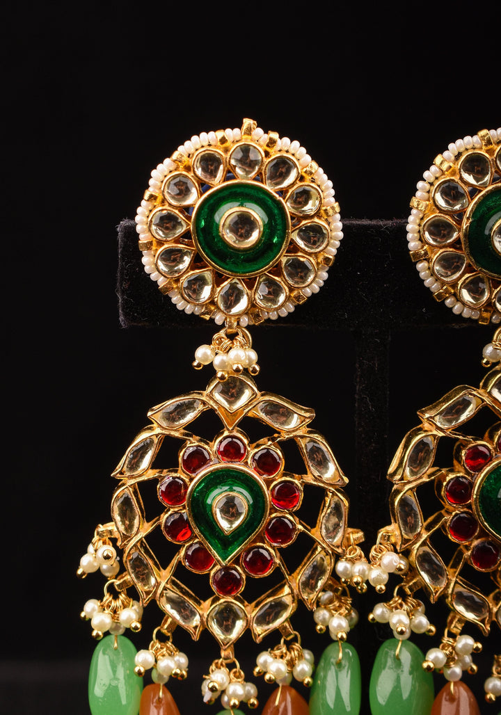 Kemp Stone Long earrings with dangling pearls and Beads in green, orange | Shobitam Jewelry