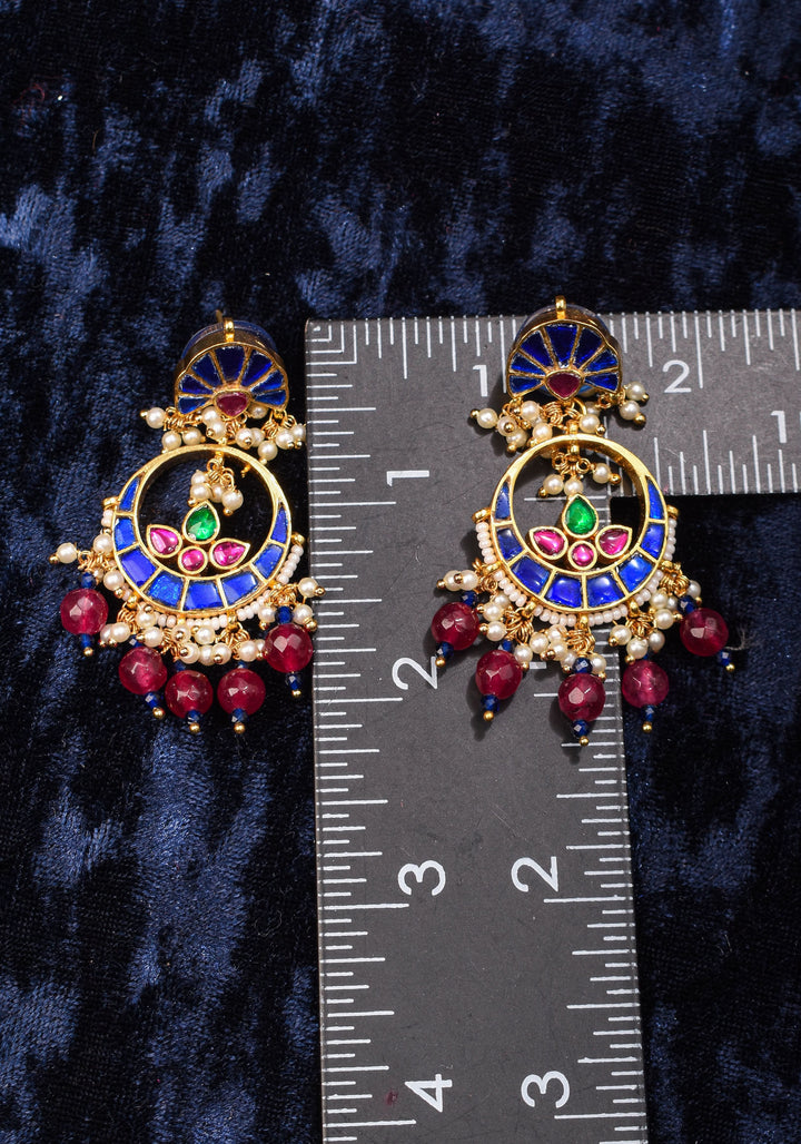 2.2" Unique Blue Stone Jadau Chandbali Earrings with Pink Fuchsia Stones | Shobitam Jewelry