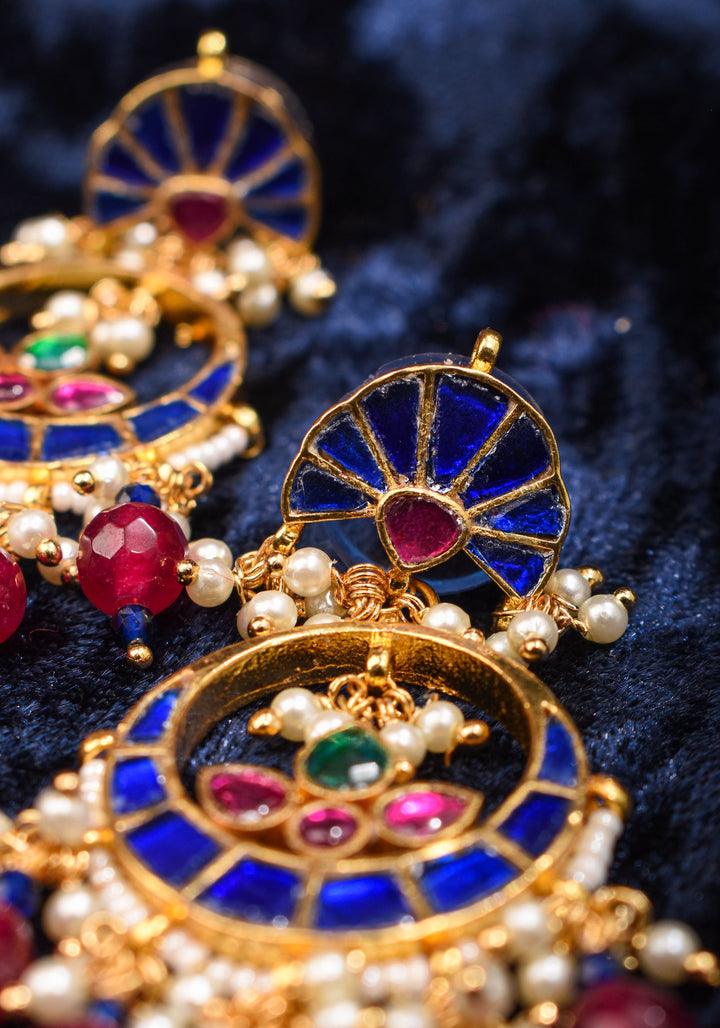 2.2" Unique Blue Stone Jadau Chandbali Earrings with Pink Fuchsia Stones | Shobitam Jewelry
