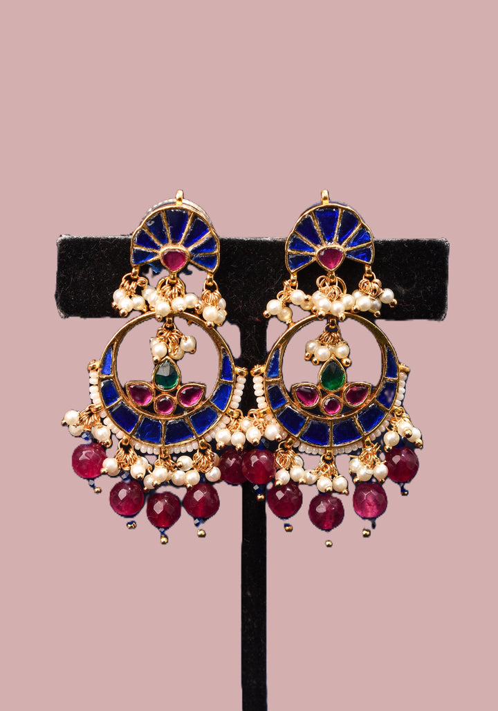 2.2" Unique Blue Stone Jadau Chandbali Earrings with Pink Fuchsia Stones | Shobitam Jewelry