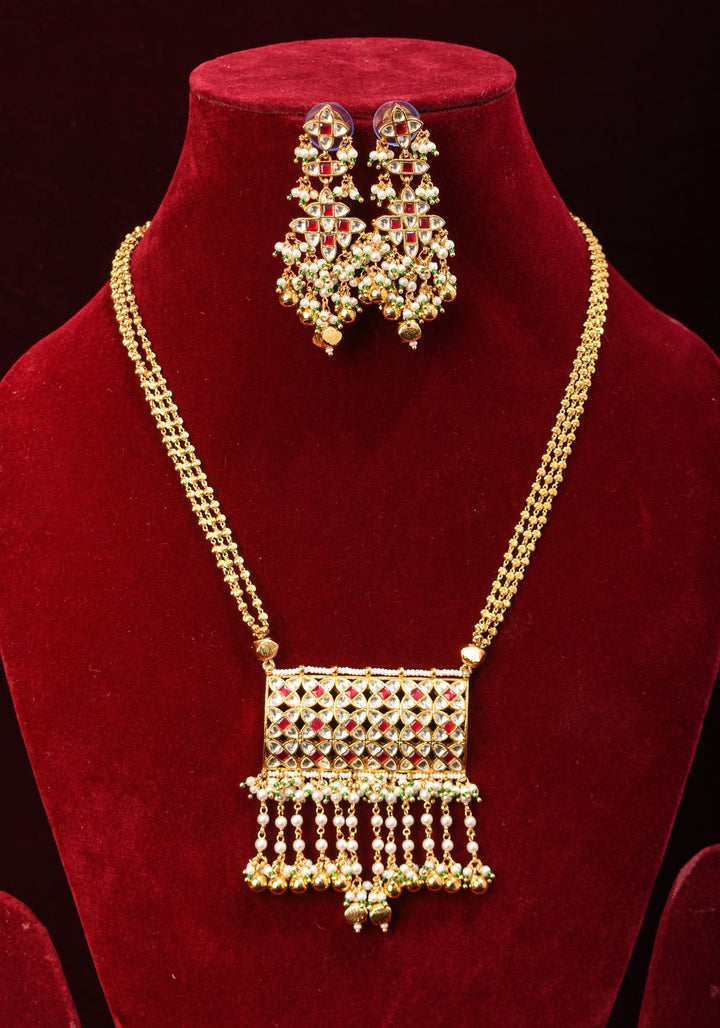 Kundan Meena Rectangular Pendant Neclace and earrings set | Shobitam Jewelry