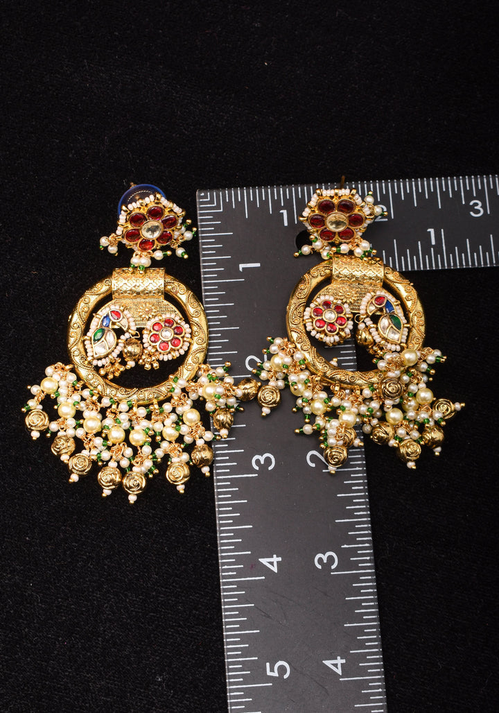 3" Chandbali Earrings with Peacock and flower embedded in Jadau technique and dangling beads