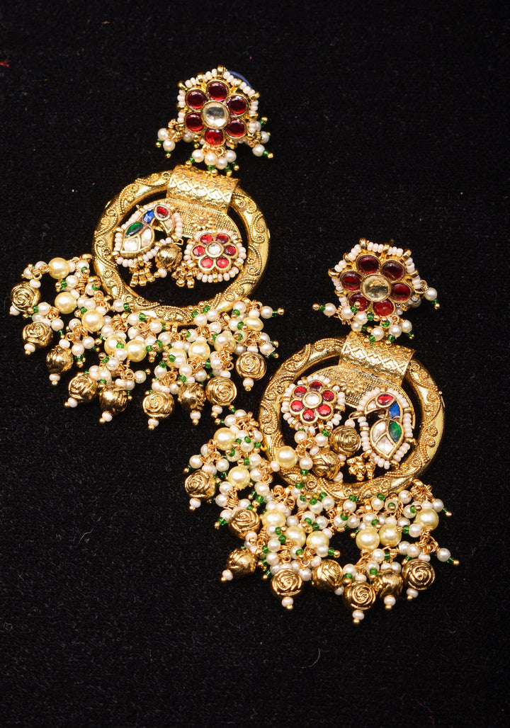 3" Chandbali Earrings with Peacock and flower embedded in Jadau technique and dangling beads