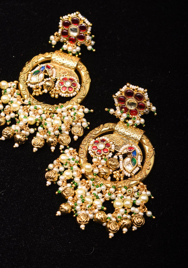 3" Chandbali Earrings with Peacock and flower embedded in Jadau technique and dangling beads