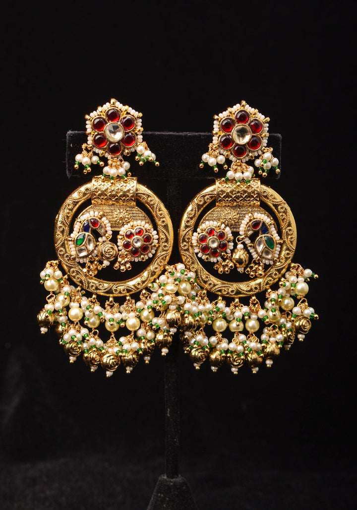 3" Chandbali Earrings with Peacock and flower embedded in Jadau technique and dangling beads