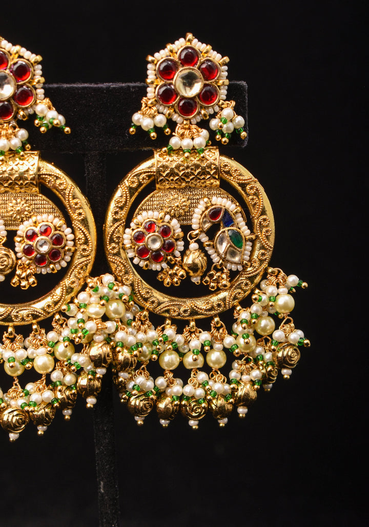 3" Chandbali Earrings with Peacock and flower embedded in Jadau technique and dangling beads