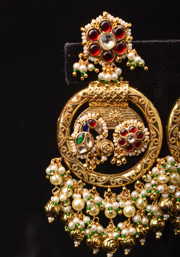 3" Chandbali Earrings with Peacock and flower embedded in Jadau technique and dangling beads