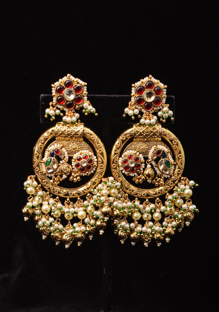 3" Chandbali Earrings with Peacock and flower embedded in Jadau technique and dangling beads