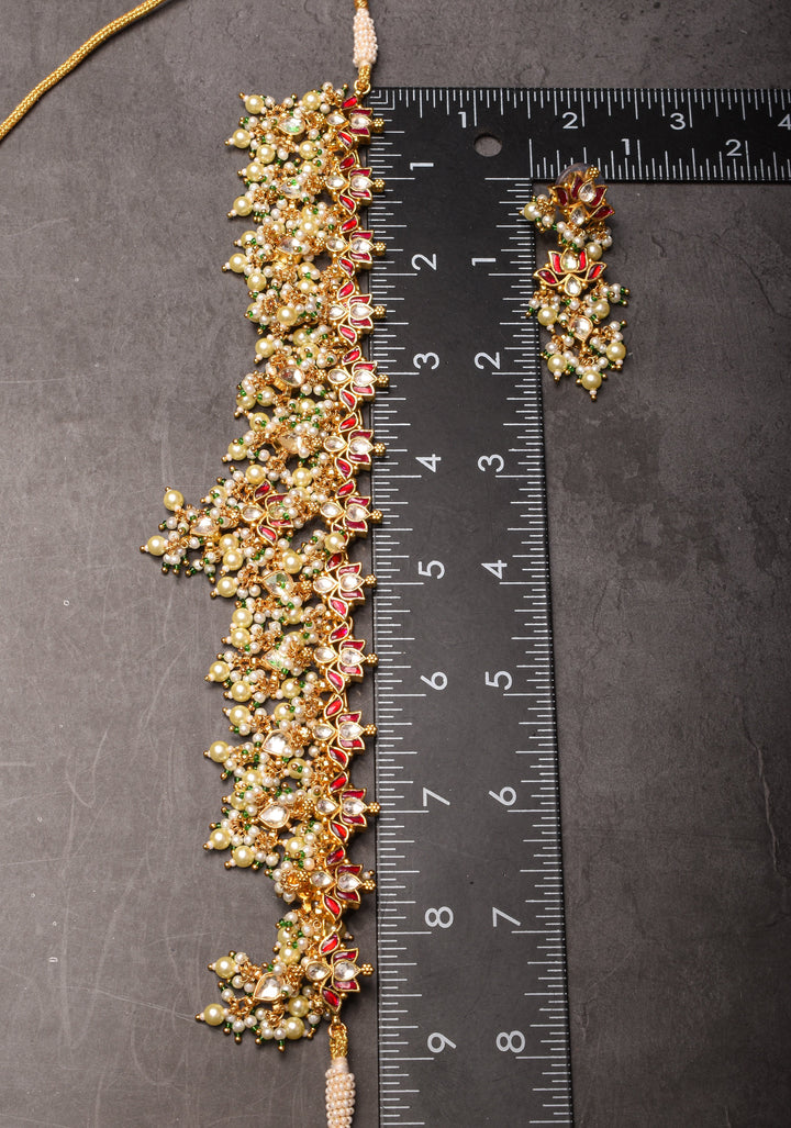 Blooming Lotus Design Necklace Set in Pink and Dangling Pearls