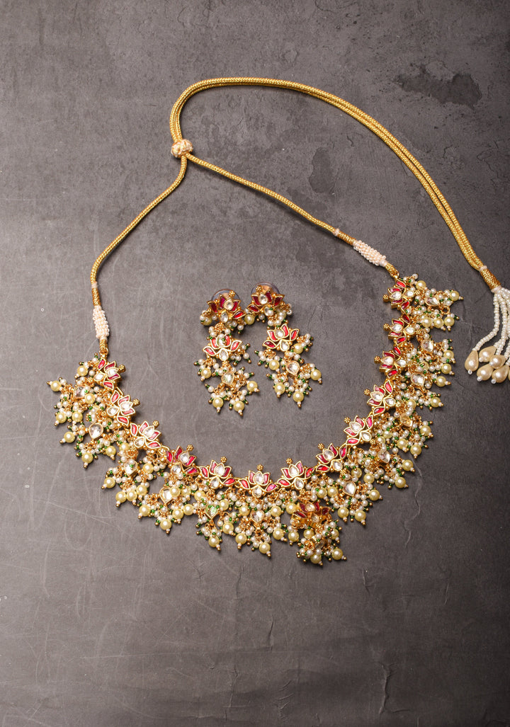 Blooming Lotus Design Necklace Set in Pink and Dangling Pearls