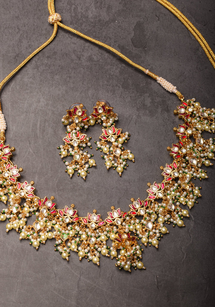 Blooming Lotus Design Necklace Set in Pink and Dangling Pearls