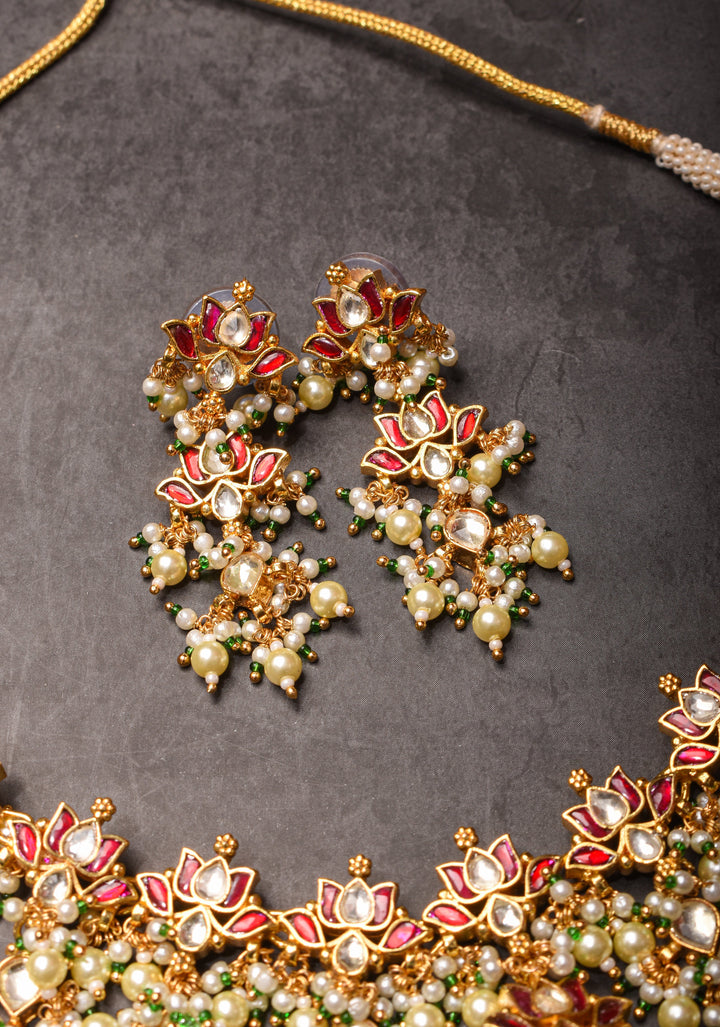 Blooming Lotus Design Necklace Set in Pink and Dangling Pearls