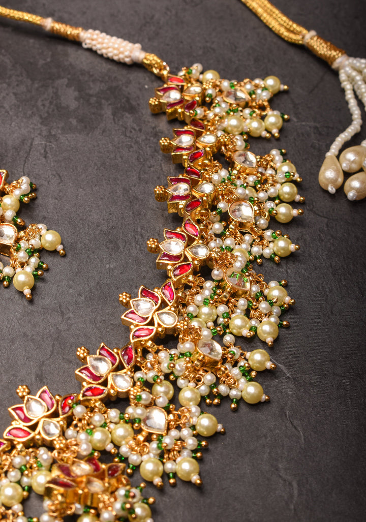 Blooming Lotus Design Necklace Set in Pink and Dangling Pearls