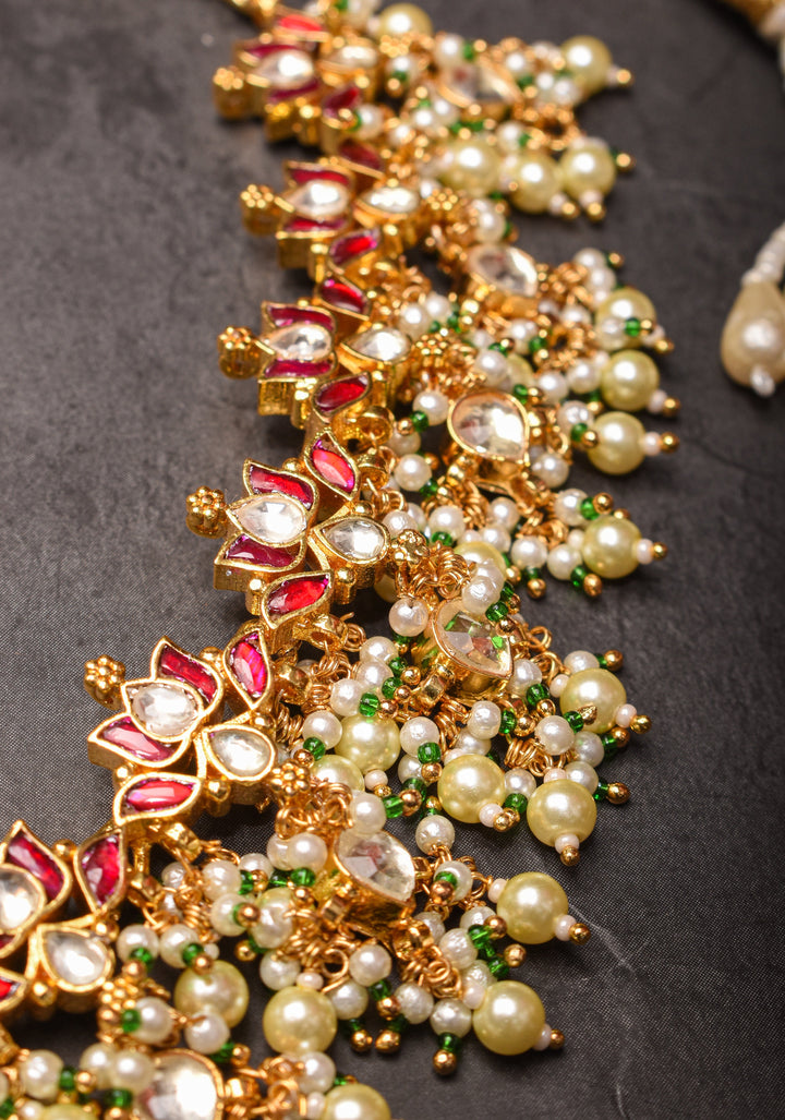 Blooming Lotus Design Necklace Set in Pink and Dangling Pearls