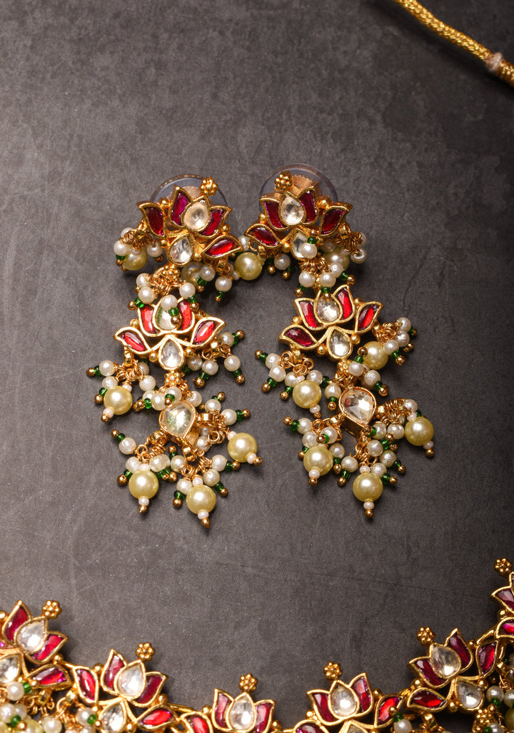 Blooming Lotus Design Necklace Set in Pink and Dangling Pearls