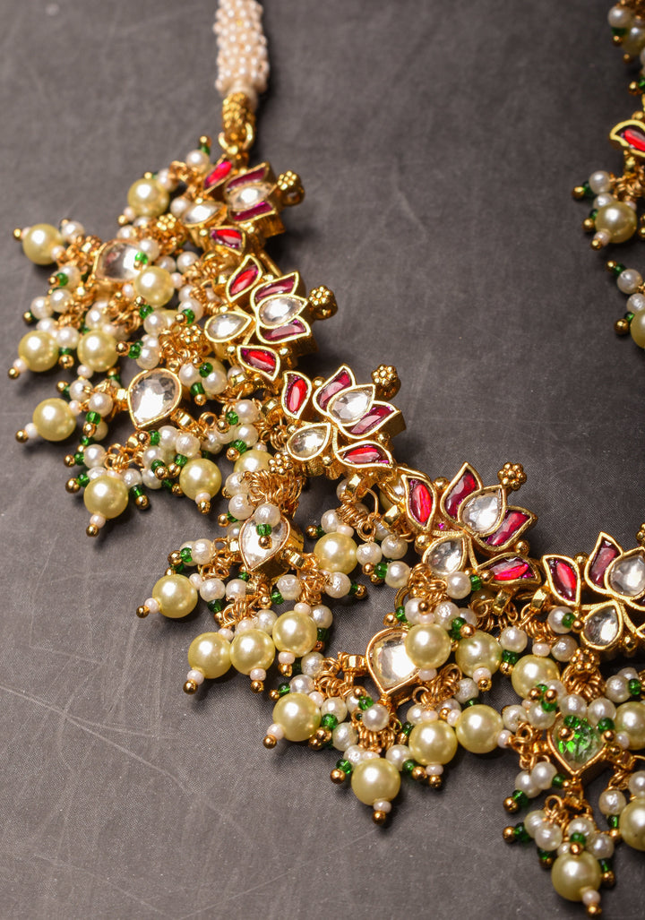 Blooming Lotus Design Necklace Set in Pink and Dangling Pearls