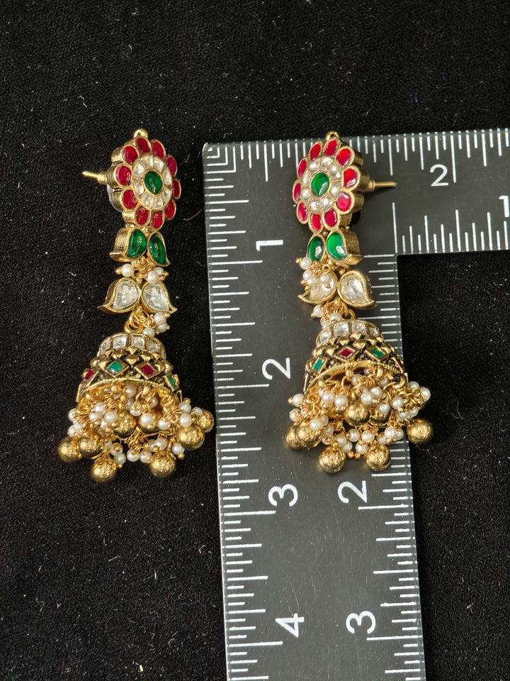 Ahmedabadi Jadau Jhumka with floral studs and slender design