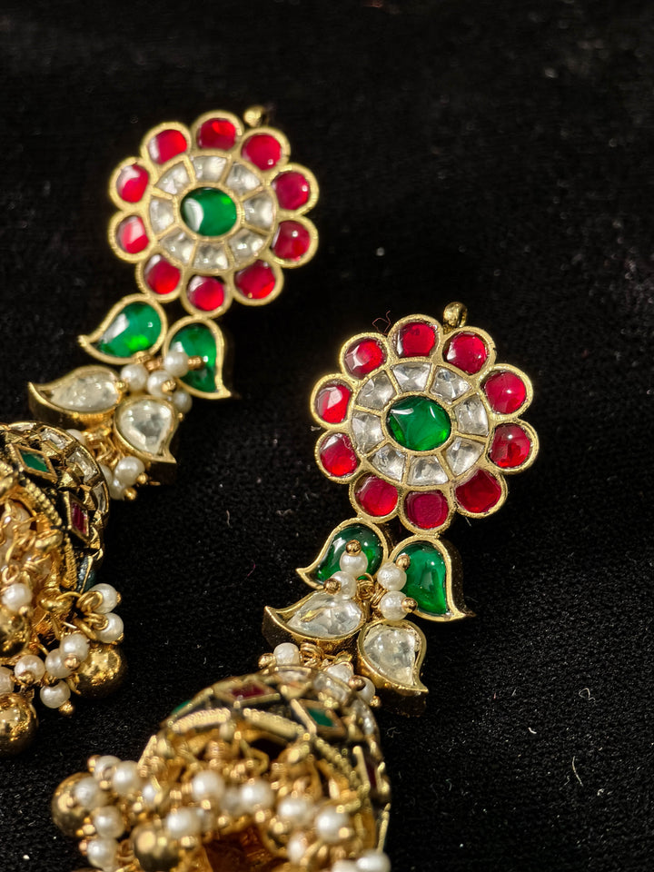 Ahmedabadi Jadau Jhumka with floral studs and slender design