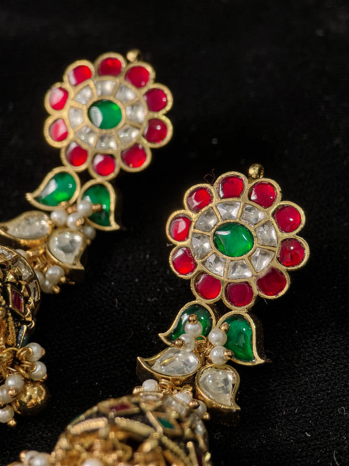 Ahmedabadi Jadau Jhumka with floral studs and slender design