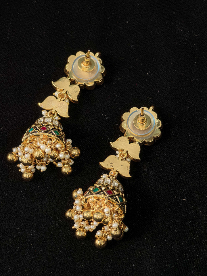Ahmedabadi Jadau Jhumka with floral studs and slender design