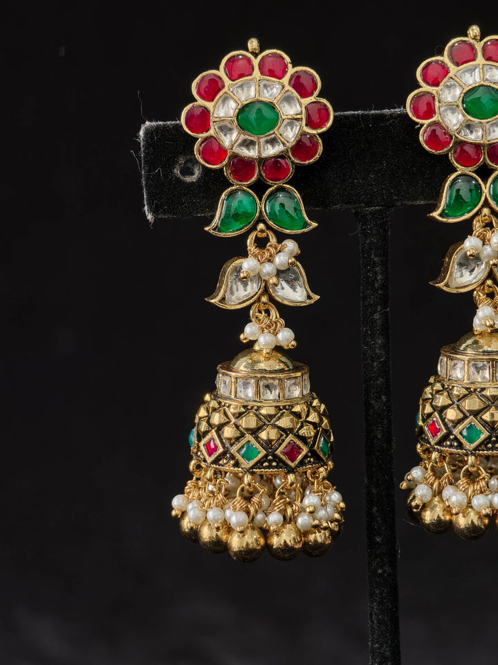 Ahmedabadi Jadau Jhumka with floral studs and slender design