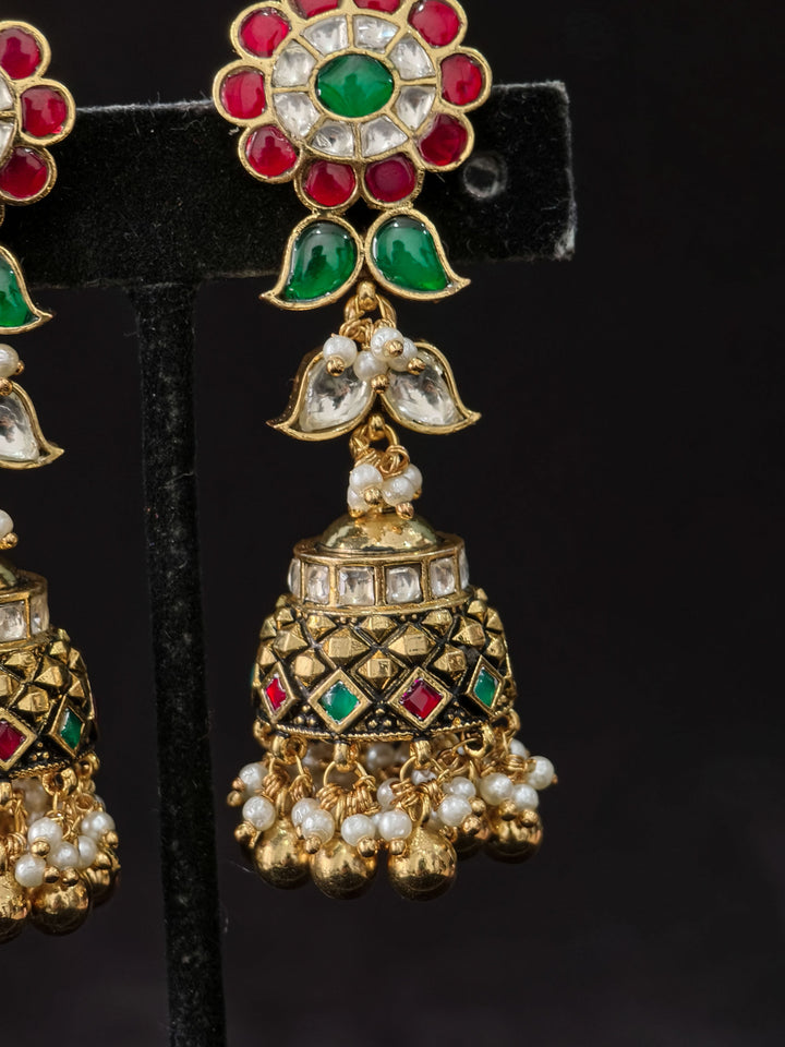 Ahmedabadi Jadau Jhumka with floral studs and slender design