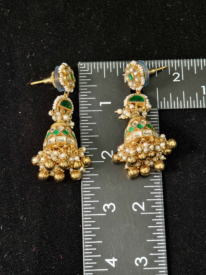 Ahmedabadi Jadau Jhumkas With Gold Green And Pearl Embellishments