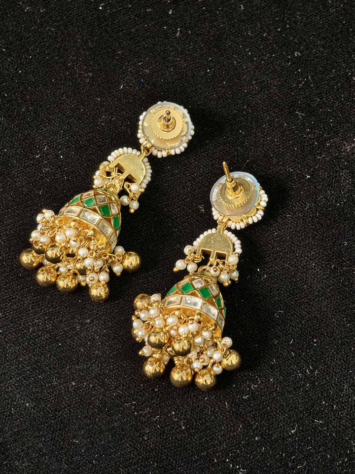 Ahmedabadi Jadau Jhumkas With Gold Green And Pearl Embellishments