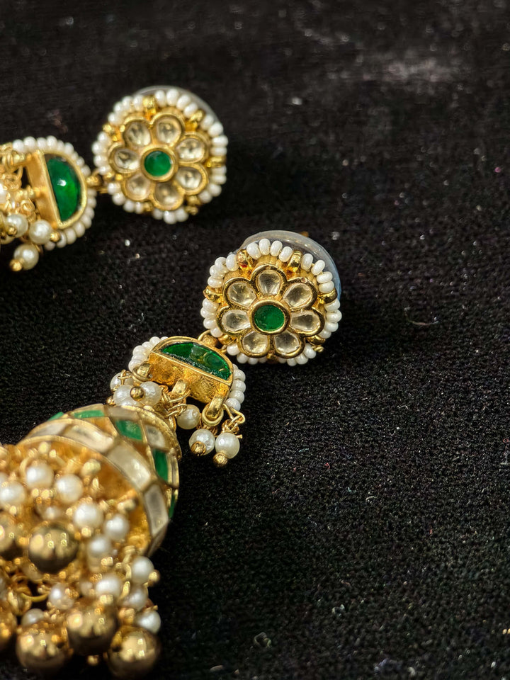 Ahmedabadi Jadau Jhumkas With Gold Green And Pearl Embellishments