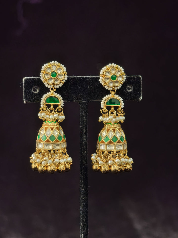 Ahmedabadi Jadau Jhumkas With Gold Green And Pearl Embellishments