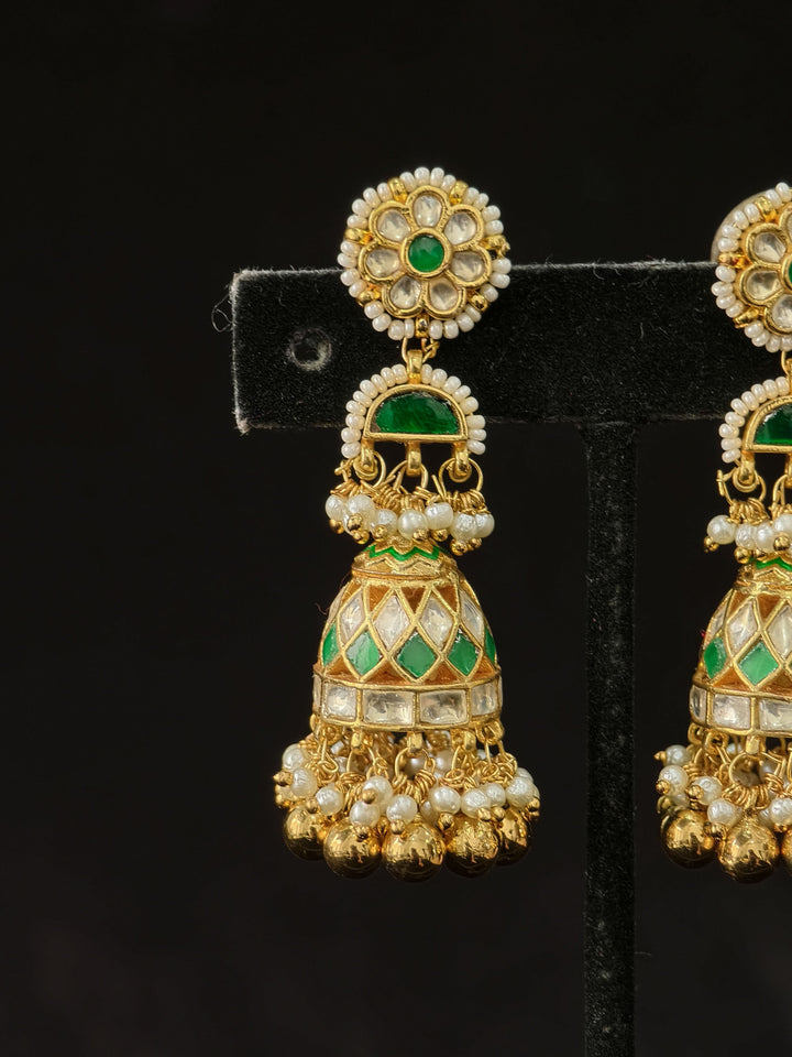 Ahmedabadi Jadau Jhumkas With Gold Green And Pearl Embellishments
