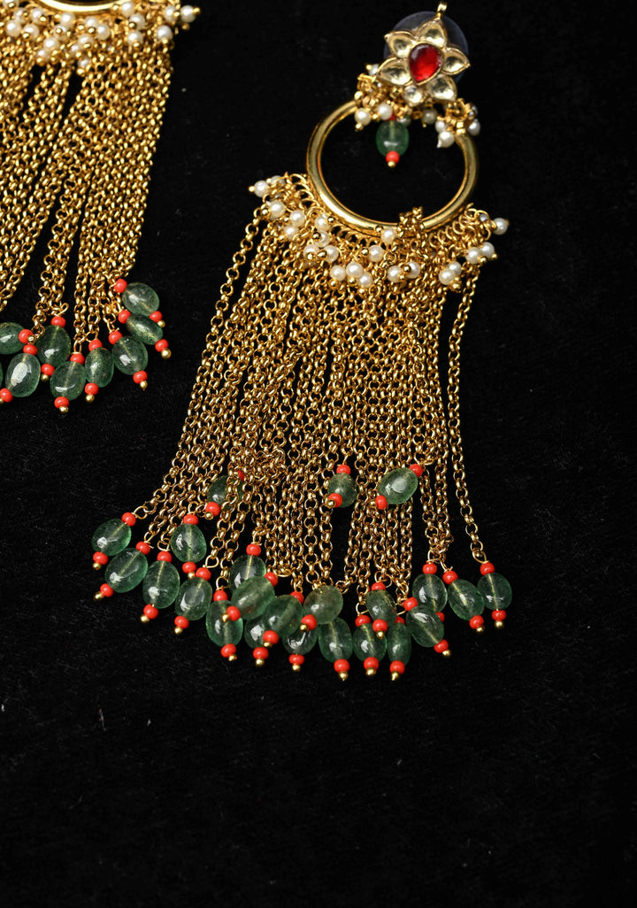Ahmedabadi Jadau Kundan Tassel Earrings With Floral ring design  and white, red stone