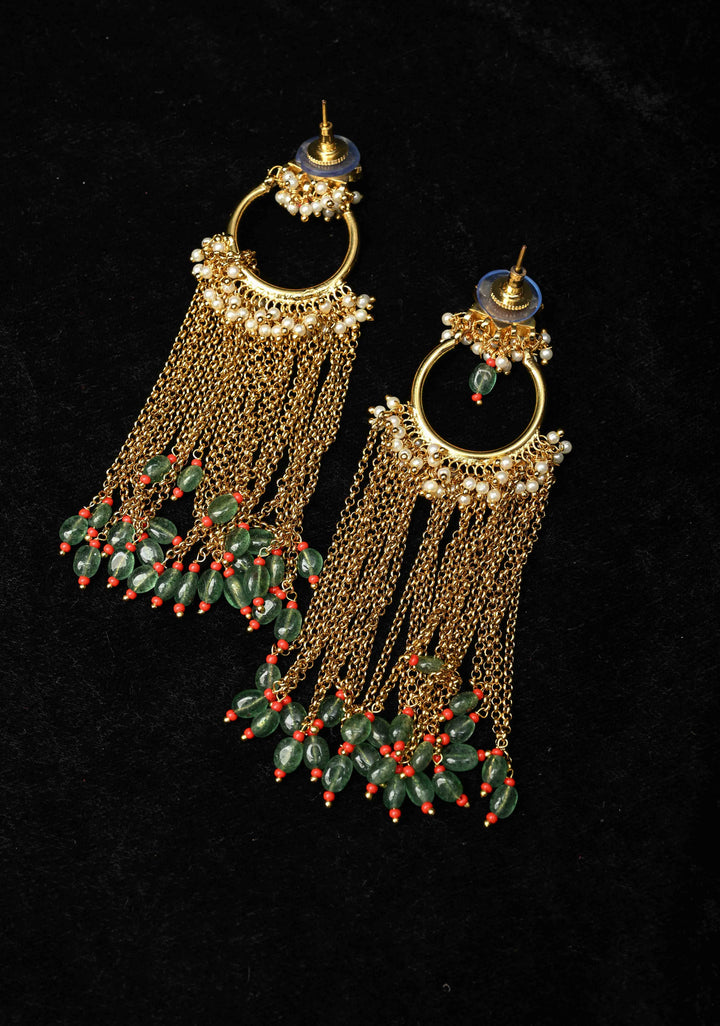 Ahmedabadi Jadau Kundan Tassel Earrings With Floral ring design  and white, red stone