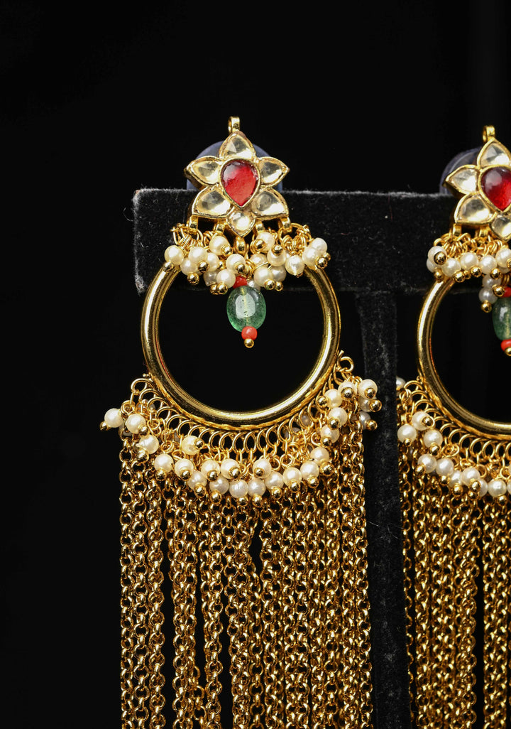 Ahmedabadi Jadau Kundan Tassel Earrings With Floral ring design  and white, red stone