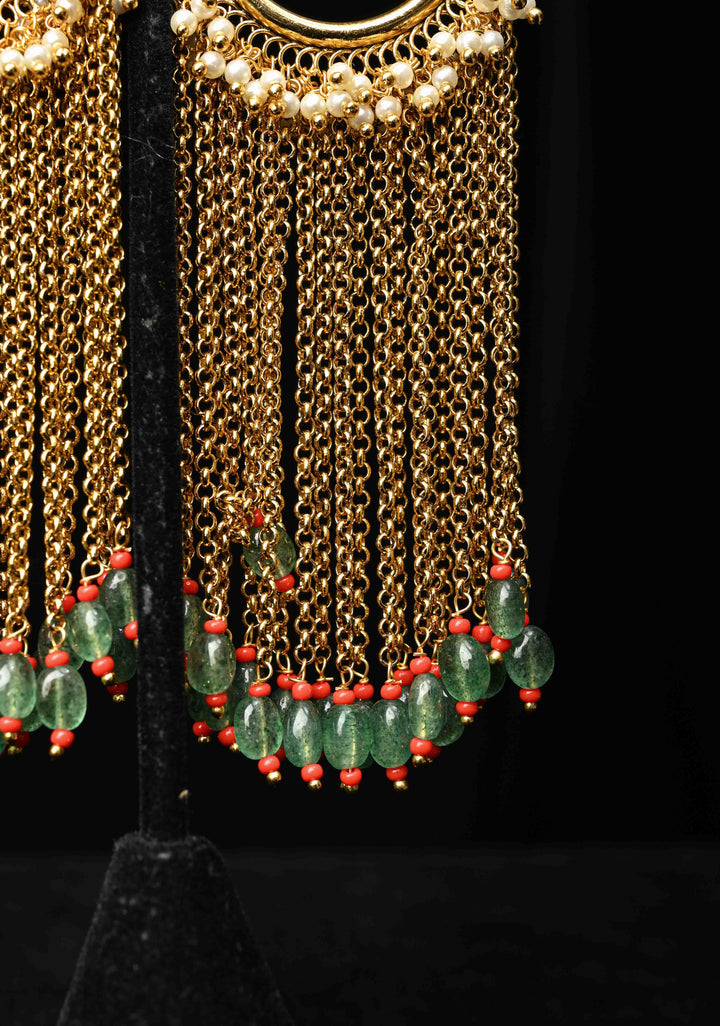 Ahmedabadi Jadau Kundan Tassel Earrings With Floral ring design  and white, red stone