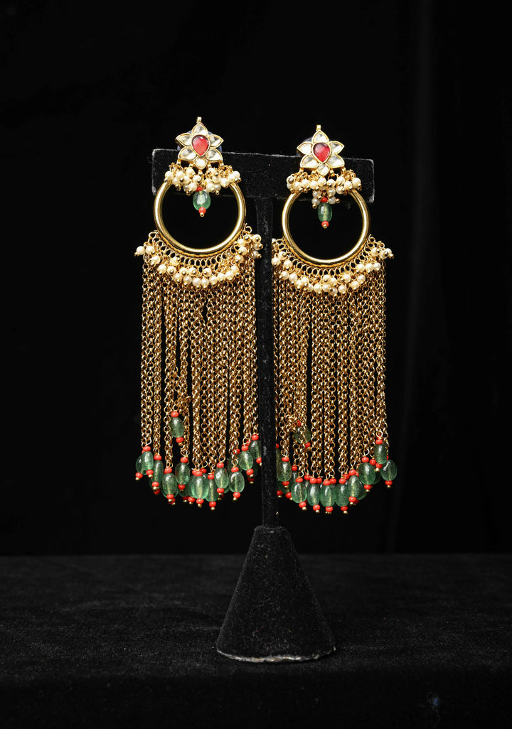 Ahmedabadi Jadau Kundan Tassel Earrings With Floral ring design  and white, red stone