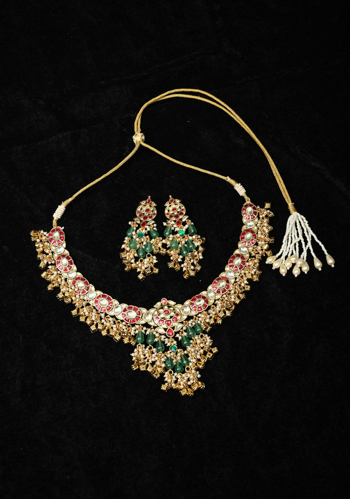 Ahmedabadi Jadau Kundan Necklace Set with Dangling beads
