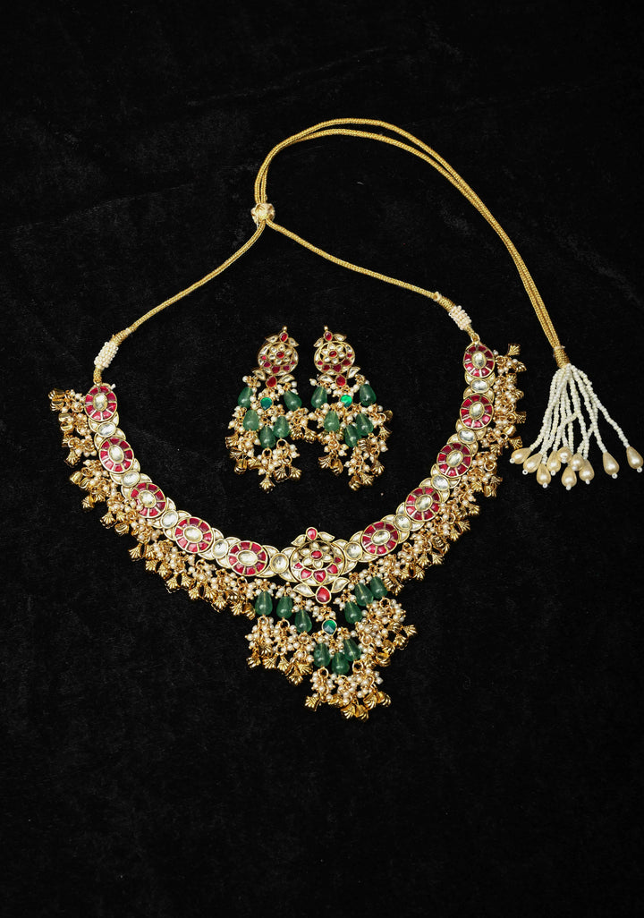 Ahmedabadi Jadau Kundan Necklace Set with Dangling beads