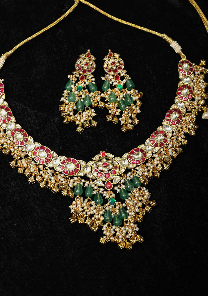 Ahmedabadi Jadau Kundan Necklace Set with Dangling beads