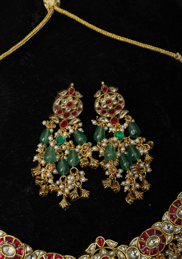 Ahmedabadi Jadau Kundan Necklace Set with Dangling beads