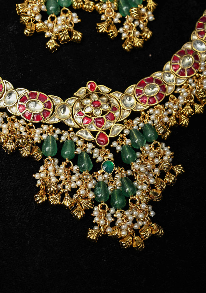 Ahmedabadi Jadau Kundan Necklace Set with Dangling beads