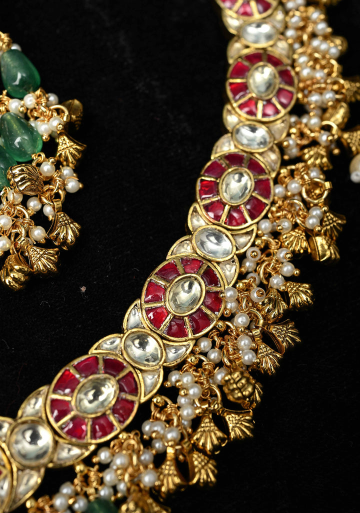 Ahmedabadi Jadau Kundan Necklace Set with Dangling beads